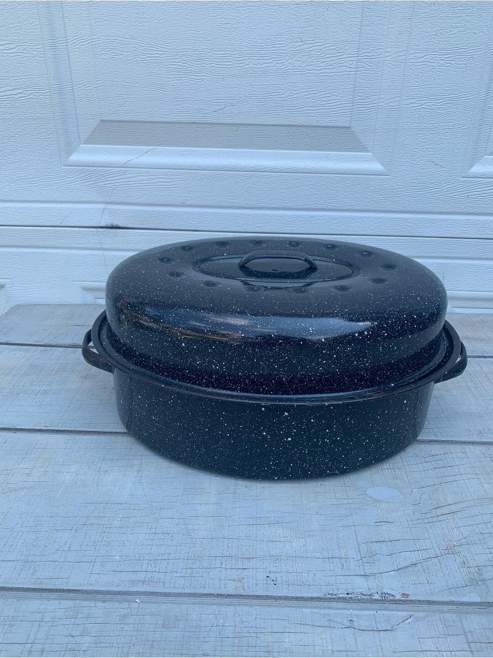 Vintage Black 18”x12” Enamelware Speckled Roaster Roasting Pan Large w/ Lid